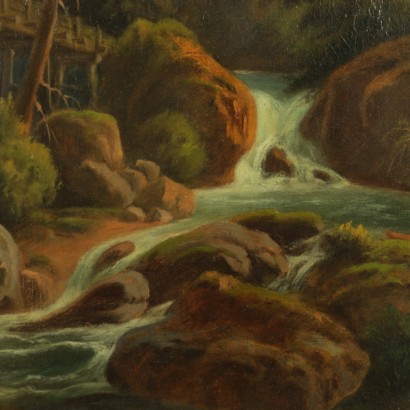 Paesaggio di montagna con baita e figure