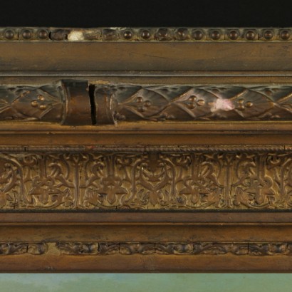 Paesaggio di montagna con baita e figure - cornice