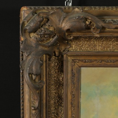 Paesaggio di montagna con baita e figure - cornice