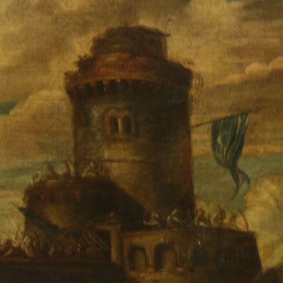 Scena di battaglia con torre e ponte