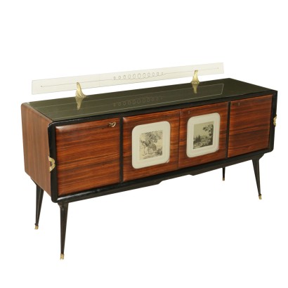{* $ 0 $ *}, buffet en placage, buffet en palissandre, buffet en verre, buffet décoré, buffet en verre traité rétro, buffet en laiton, buffet antique moderne, buffet italien