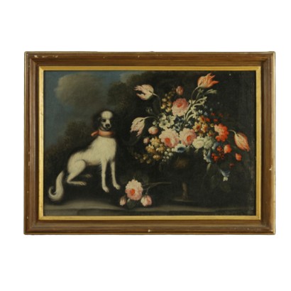 Giuseppe Pesci Flower Still Life with Puppy Oil Painting 18th Century