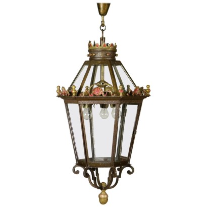 Lampe, Eisenlampe, vergoldetes Eisen, antike Lampe, antike Lampe, {* $ 0 $ *}, antionline, Deckenlampe, Blechleuchter, Laterne, antike Laterne, antike Laterne, große Laterne, Bronzedekorationen