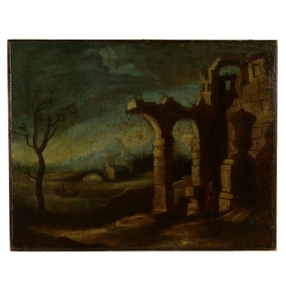 Landschaft mit ruinen und baum kahl