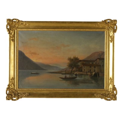 Paesaggio lacustre con barche e figure