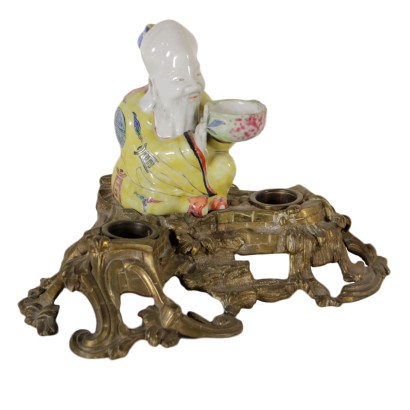 Encrier Bronze doré Porcelaine XIXeme siècle