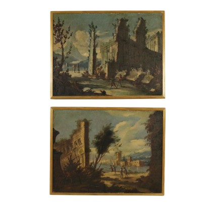 Coppia di Capricci Architettonici con rovine e figure
