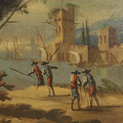 Coppia di Capricci Architettonici con rovine e figure-particolare
