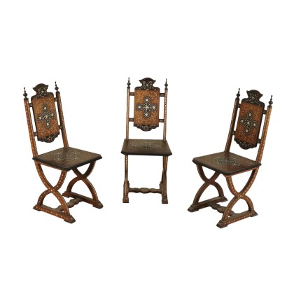 Set of Three Inlaid Chairs Walnut Ivory Inlays Italy 1800s