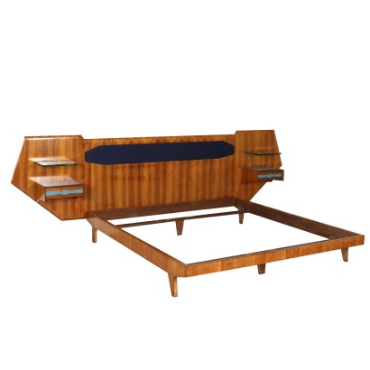 Lit Double Placage Acajou Formica Tissu Vintage Italie Années 50