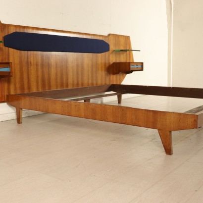 Lit Double Placage Acajou Formica Tissu Vintage Italie Années 50