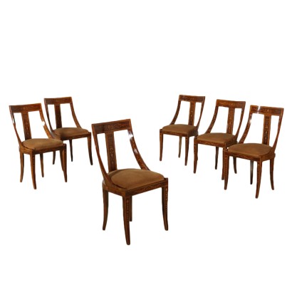 Set of Six Revival Gondola Chairs Maple Inlays Italy Mid 1900s