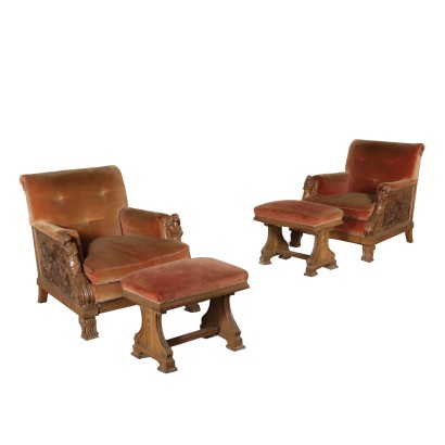 Paar Sessel mit Fußschemel Nussbaumholz Italien 20. Jahrhundert