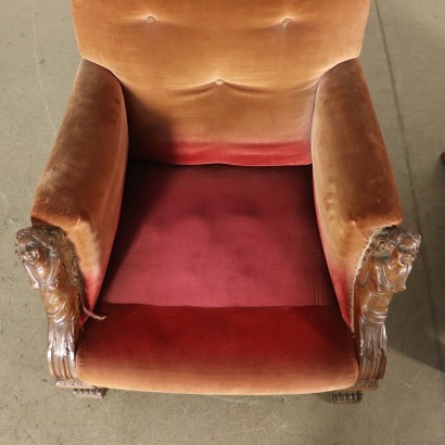 Paar Sessel mit Fußschemel Nussbaumholz Italien 20. Jahrhundert