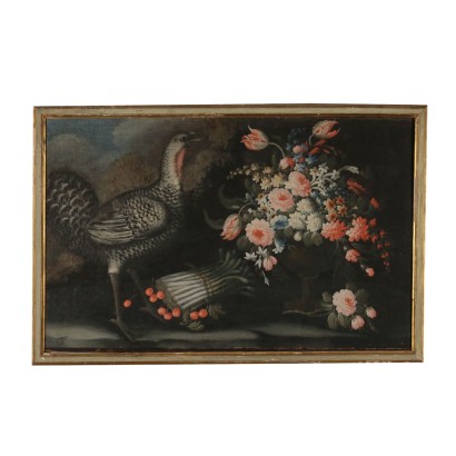 Nature Morte Fleurs Pintades et Asperges Huile sur Toile Début '700