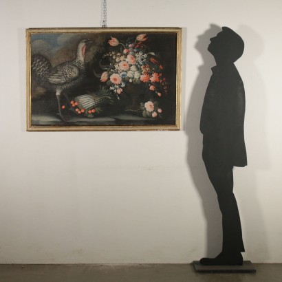Nature Morte Fleurs Pintades et Asperges Huile sur Toile Début '700