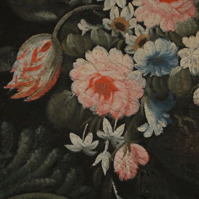 Nature Morte Fleurs Pintades et Asperges Huile sur Toile Début '700