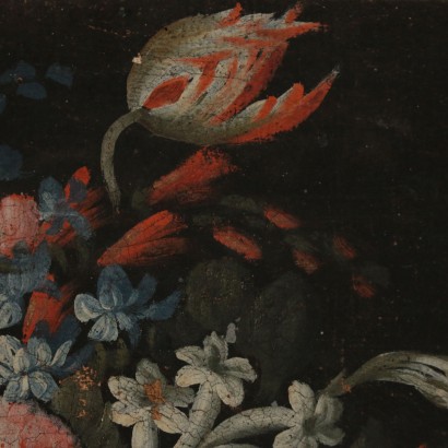 Nature Morte Fleurs Pintades et Asperges Huile sur Toile Début '700