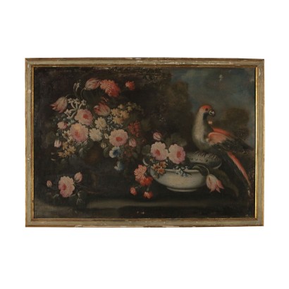 Still Life with Flowers and Parrot Oil Painting Early 1700s