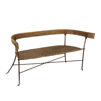 Small Bench Iron Wicker Rattan Vintage Italy 1950s