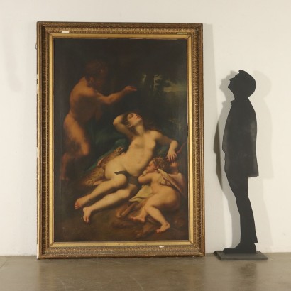 Vénus et Amour épiés par un Satyre Huile sur Toile '700