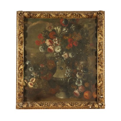 Bodegón con flores y frutas