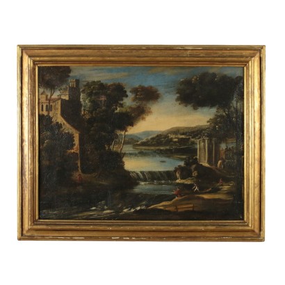 Paesaggio fluviale con architetture e figure