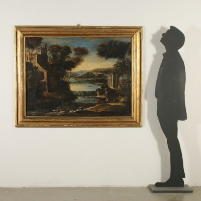 Paesaggio fluviale con architetture e figure