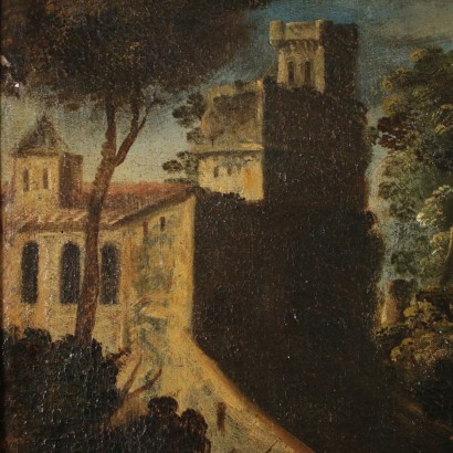 Paesaggio fluviale con architetture e figure