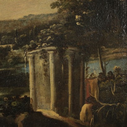 Paesaggio fluviale con architetture e figure