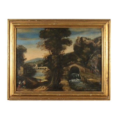 Landschaft mit Fluss und Figuren