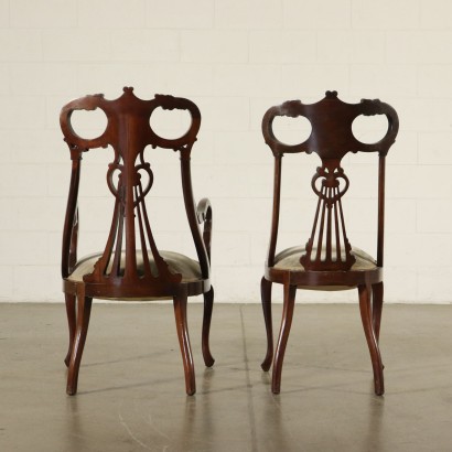 Quatre Chaises et Paire de Fauteuils Art Nouveau Acajou Italie '900