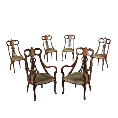 Quatre Chaises et Paire de Fauteuils Art Nouveau Acajou Italie '900