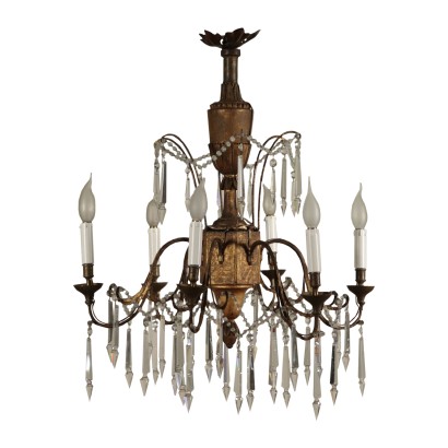 Lampadario Neoclassico Legno Intagliato e Ferro Battuto