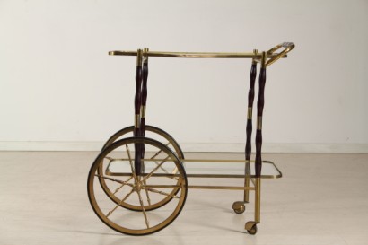 carrello di modernariato, carrello anni 40 in legno e ottone, due piani di appoggio in vetro