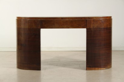 petteneuse di modernariato, petteneuse in stile decÃ², petteneuse con forma a fagiolo, gambe in palissandro, piano impiallacciato in radica, specchio con cornice in legno