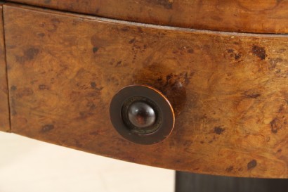 petteneuse di modernariato, petteneuse in stile decÃ², petteneuse con forma a fagiolo, gambe in palissandro, piano impiallacciato in radica, specchio con cornice in legno
