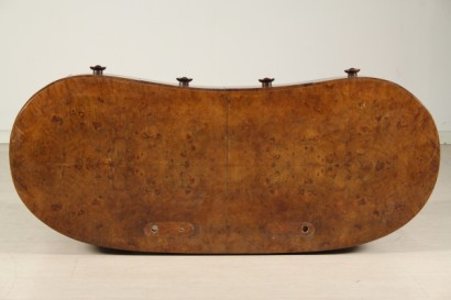petteneuse di modernariato, petteneuse in stile decÃ², petteneuse con forma a fagiolo, gambe in palissandro, piano impiallacciato in radica, specchio con cornice in legno
