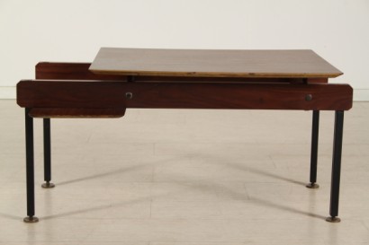 tavolino di modernariato, tavolino in metallo anni 50, piedini in ottone, teak e impiallacciato in teak