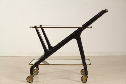 carrello di modernariato, carrello porta vivande anni 40, struttura in legno di faggio, ruote girevoli, piani in vetro bordato ottone