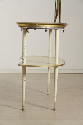 toilette di modernariato, toilette con piano in marmo a fagiolo, ripiano intermedio in legno, specchio con cornice in ottone, toilette anni 30