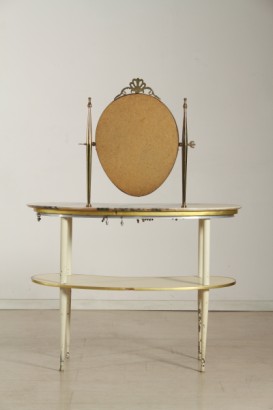 toilette di modernariato, toilette con piano in marmo a fagiolo, ripiano intermedio in legno, specchio con cornice in ottone, toilette anni 30