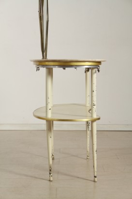 toilette di modernariato, toilette con piano in marmo a fagiolo, ripiano intermedio in legno, specchio con cornice in ottone, toilette anni 30