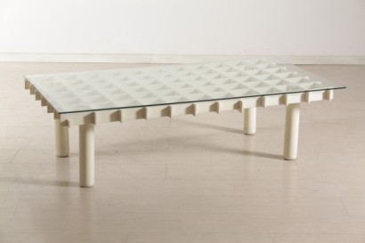 tavolino di modernariato, tavolino anni 70 in legno grigliato, piano di appoggio in vetro