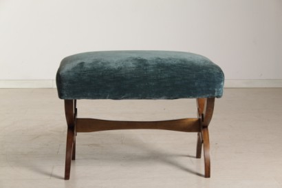 pouff di modernariato, pouff anni 50 in teak, imbottitura a molle, rivestimento in velluto