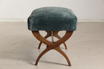 pouff di modernariato, pouff anni 50 in teak, imbottitura a molle, rivestimento in velluto