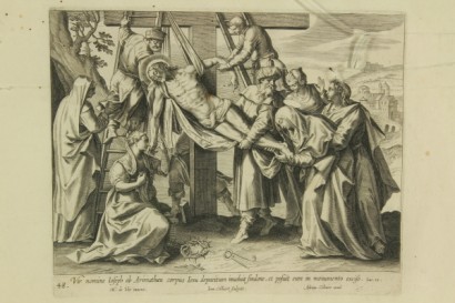 peinture ancienne, gravure sur cuivre, déposition de la Croix
