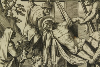 peinture ancienne, gravure sur cuivre, déposition de la Croix