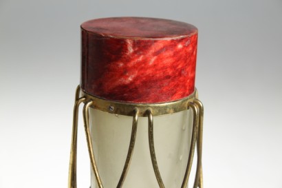 moderne Tischleuchte, Schreibtisch Lampe Aldo Tura, Holztisch Lampe, in Pergamentpapier mit Messingblech abgedeckt