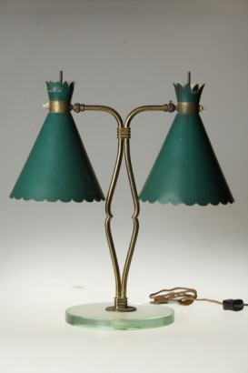 lampada da tavolo di modernariato, lampada da tavolo anni 50, base in cristallo, ottone ed alluminio verniciato